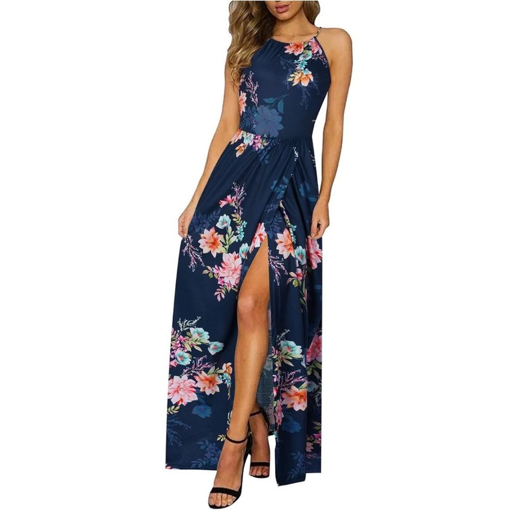 KILIG Maxi Dress Casual Floral Halter Neck with Pockets. d52